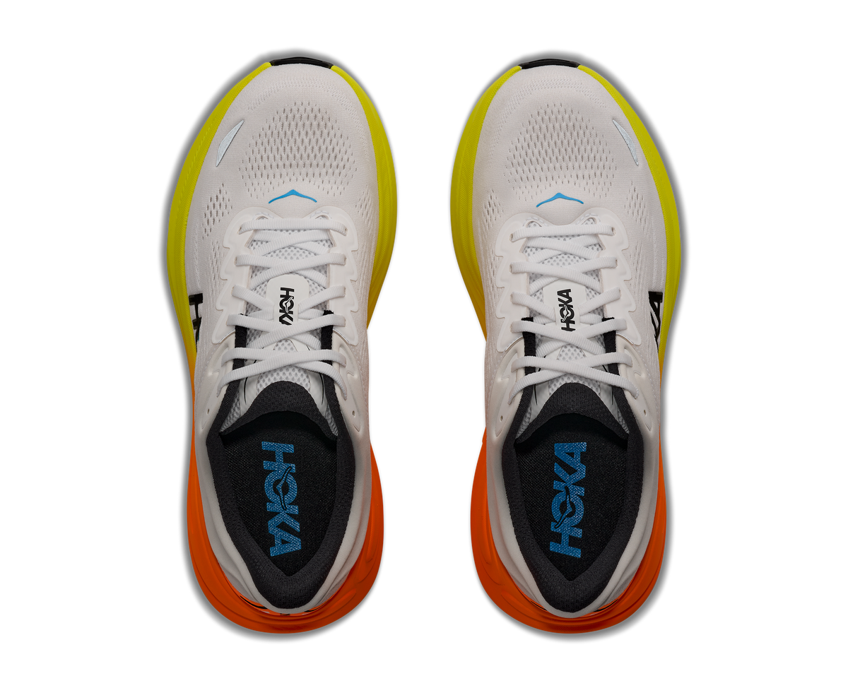 HOKA Men's Bondi 9 - WHITE / NEON TANGERINE (Wide)